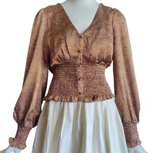 LUCY Paris Nadia Carmel Brown Cream Polka Dot Smocked Waist Wrist Top Sz M NWT
